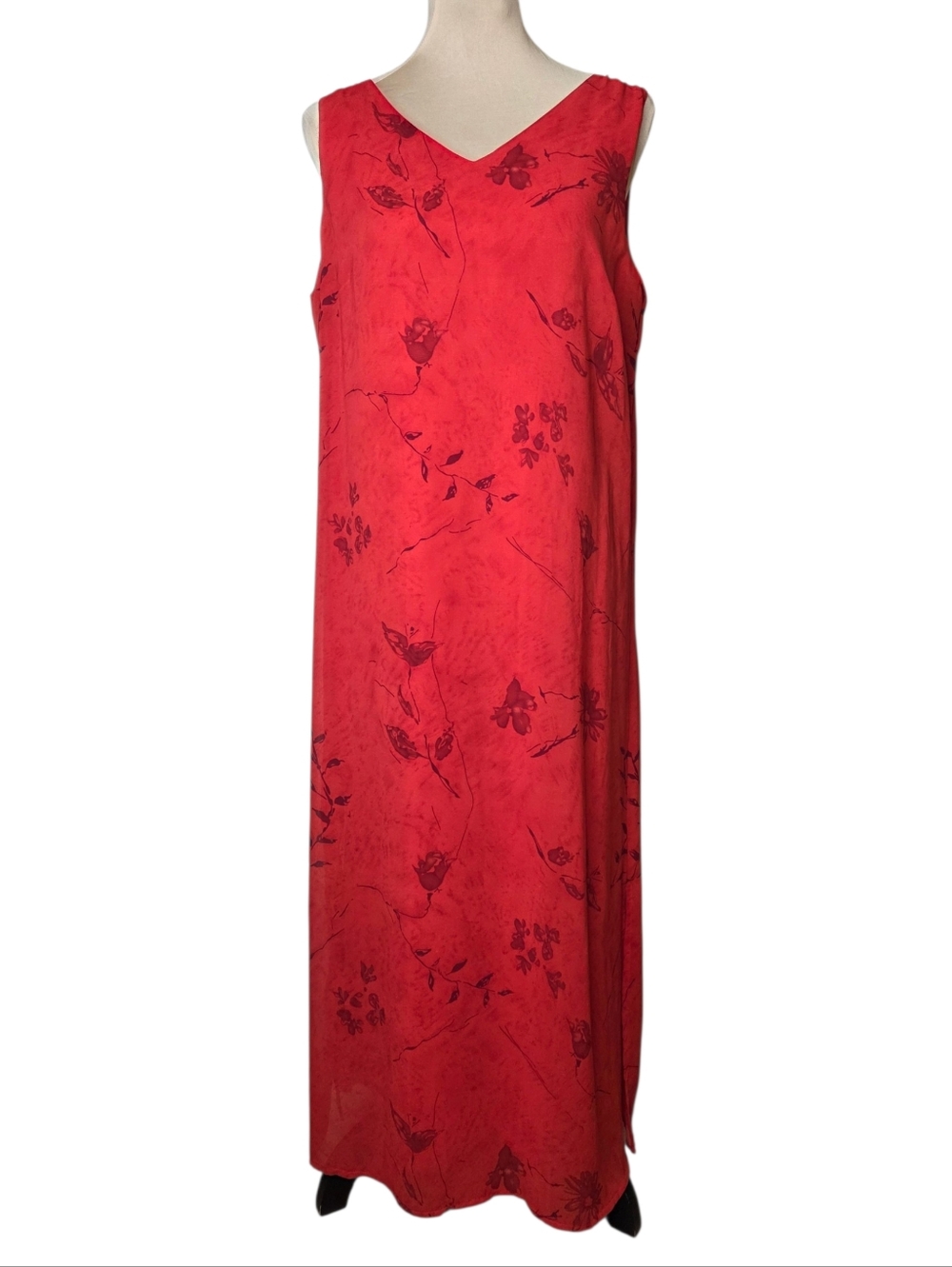 A Wild Thyme Y2K Vintage Red Floral Maxi Dress Sheer Mesh Overlay Sleeveless 12P
